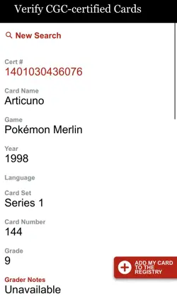 Pokemon Articuno #144 Merlin Sticker Series 1 Topps - CGC Mint 9 - Image 4