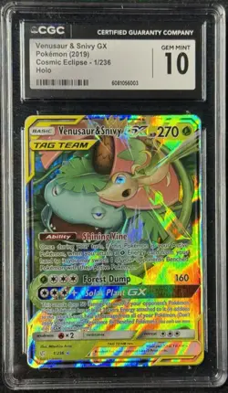 2019 Pokemon Cosmic Eclipse Venusaur & Snivy GX 001/236 CGC 10 Gem Mint PSA 10 - Image 1