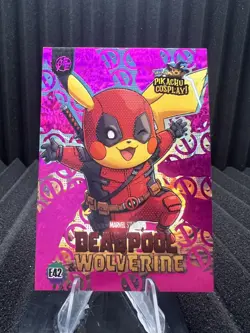 Deadpool & Wolverine (Pikachu) #E42 Purple Holo Box Hit Pikachu Cosplay Pokemon - Image 1