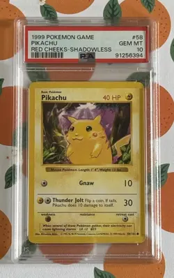1999 Pokemon Pikachu Base Set Red Cheeks Shadowless PSA 10 - 58/102 - Image 1