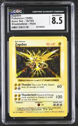 CGC 8.5 Zapdos 1999 Base Set 16/102 Shadowless Holo Pokemon Card - Image 1