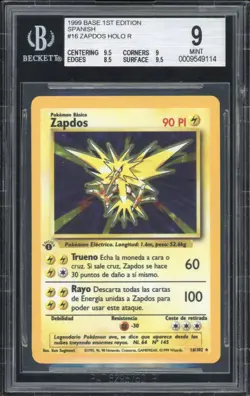 1999 Pokemon SPANISH 1st Edition Base Set Zapdos Holo 16/102 BGS 9 MINT - Image 1