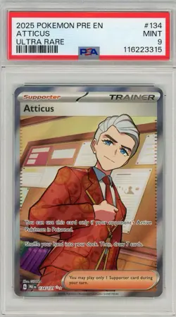 2025 Pokemon Prismatic Evolutions Atticus Ultra Rare #134 PSA 9 Mint - Image 1