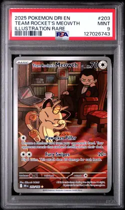 PSA 9 Team Rocket's Meowth 203/182 Pokemon Destined Rivals Illustration Rare DRI - Image 1