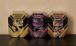 New Factory Sealed Pokemon V Powers Collection Tins Pikachu Eevee Eternatus - Image 1