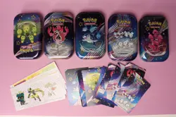 Lot of 5 Pokemon Scarlet & Violet Paldean Fates MiniTins EMPTY w/ Misc Stickers - Image 1