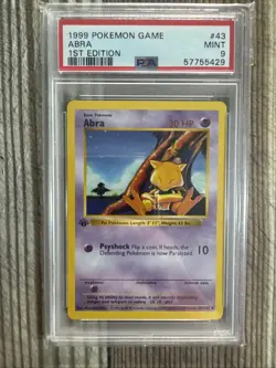 1st Edition Shadowless Abra 43/102 Base Set Pokemon Card PSA 9 - Image 1
