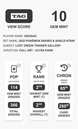 TAG 10 - 2022 POKEMON SWORD & SHIELD LOST ORIGIN #TG06 FULL ART/GENGAR - Image 3
