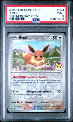 2025 POKEMON FRENCH PRE FR-PRISMATIC EVOLUTIONS POKEMON DAY 2025 EEVEE PSA 9 - Image 1