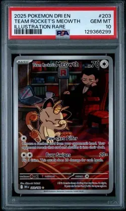 2025 Pokemon Destined Rivals Team Rocket's Meowth Full Art PSA 10 203/182 - Image 1