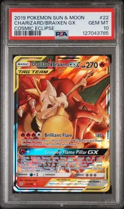 2019 POKEMON SUN & MOON COSMIC ECLIPSE #22 CHARIZARD & BRAIXEN GX PSA 10 - Image 1