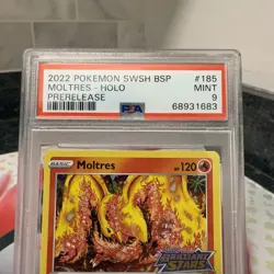 2022 Pokemon Brilliant Stars Promo #185 Moltres Prerelease Stamped Holo PSA 9 - Image 2