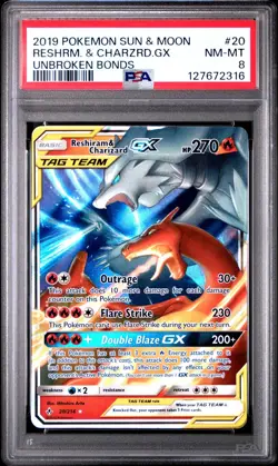 2019 POKEMON SUN & MOON UNBROKEN BONDS #20 RESHIRAM & CHARIZARD GX PSA 8 - Image 1