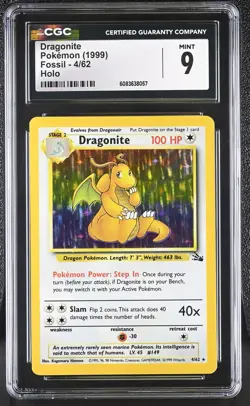 CGC 9 MINT Dragonite 1999 Fossil 4/62 Holo Pokemon Card - Image 1