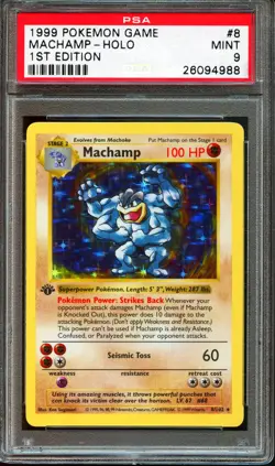 PSA 9 MINT Machamp 8/102 1st Edition Shadowless Base Set Holo 1999 Pokemon Card - Image 1
