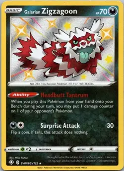 Pokemon Card Galarian Zigzagoon SV078/SV122 Shining Fates - Near Mint - Image 1