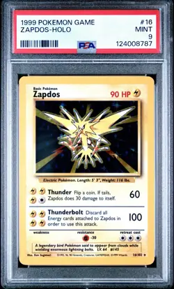 PSA 9 Pokemon Base Set Unlimited Holo Rare Zapdos 16/102 1999 English MILLI CERT - Image 1
