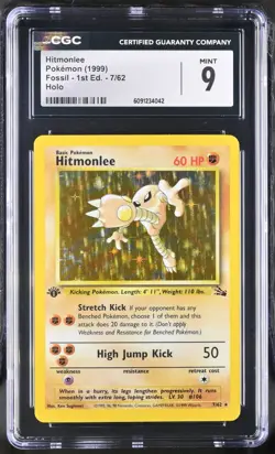 CGC 9 MINT Hitmonlee 7/62 1st Edition Fossil Holo - 1999 Pokemon - Image 1