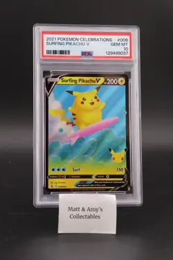 Pokemon 2021 Surfing Pikachu V 008/025 25th Stamp Celebrations PSA 10 - Image 1