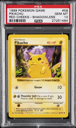 1999 POKEMON GAME RED CHEEKS-SHADOWLESS #58 PIKACHU PSA 10 - Image 1