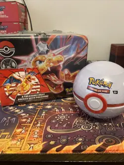 Pokemon SEALED Lot 2023 CHARIZARD Treasure Chest & 2024 Premier Ball Tin H24 - Image 1