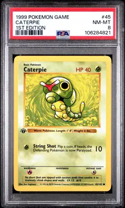 Caterpie, 1st Edition Base Set, 45/102, Pokemon, WOTC 1999, (PSA 8) - Image 1