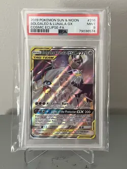 PSA 9 Solgaleo & Lunala GX 216/236 Sun & Moon Cosmic Eclipse Pokemon Card - Image 1