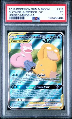 2019 POKEMON SUN & MOON UNIFIED MINDS #218 FULL ART/SLOWPOKE & PSYDUCK GX PSA 1 - Image 1