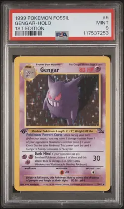 1999 WOTC POKEMON FOSSIL 1ST EDITION GENGAR 5/62 HOLO RARE PSA 9 MINT - Image 1