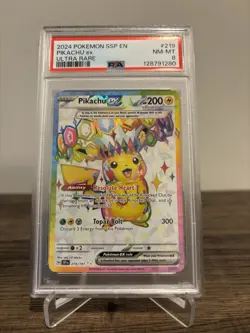 2024 POKEMON SSP EN-SURGING SPARKS ULTRA RARE #219 PIKACHU EX PSA 8 - Image 1