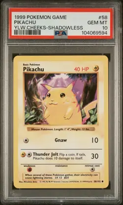 1999 POKEMON GAME BASE SET 58 PIKACHU YELLOW CHEEKS-SHADOWLESS PSA 10 GEM MINT - Image 1