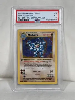 1999 Pokemon Base Set 1st Edition Shadowless Machamp Holo 8/102 PSA 5 Excellent - Image 1