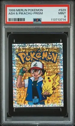PSA 9 MINT 1999 MERLIN POKEMON S29 ASH & PIKACHU-PRISM - Image 1