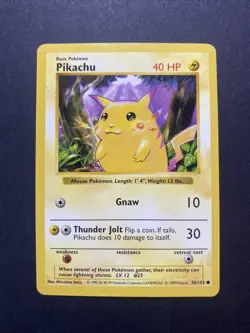 Pikachu (Red Cheeks) 058/102 Base Set (Shadowless) Unlimited Pokemon WOTC LP - Image 1
