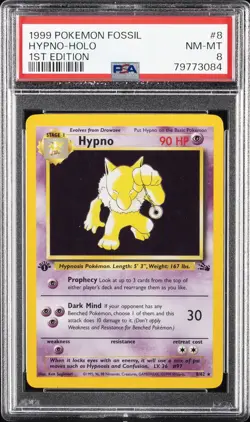 1999 POKEMON FOSSIL 1ST ED #8 HYPNO-HOLO PSA 8 - Image 1