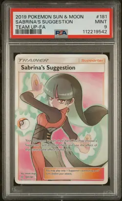 2019 POKEMON SUN & MOON TEAM UP #181 FULL ART/SABRINA'S SUGGESTION PSA 9 - Image 1