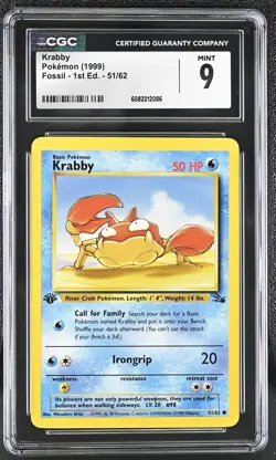 CGC 9 MINT Krabby 1999 Fossil 1st Edition 51/62 Pokemon Card - Image 1