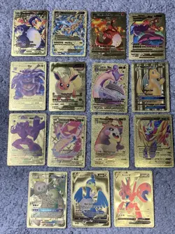 Set of 15 Pokemon Charizard,Dragonite,Blastoise&More Gold Foil Fan Art Cards LP - Image 1