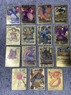 Set of 15 Pokemon Charizard,Dragonite,Dialga&More Gold Foil Fan Art Cards LP! - Image 1