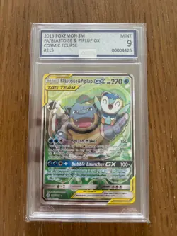 Pokemon 2019 SM Cosmic Eclipse Blastoise Piplup Tag Team GX #215/236 AGS 9 - Image 1