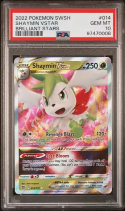 2022 POKEMON SWORD AND SHIELD BRILLIANT STARS 014 SHAYMIN VSTAR PSA 10 GEM MINT - Image 1