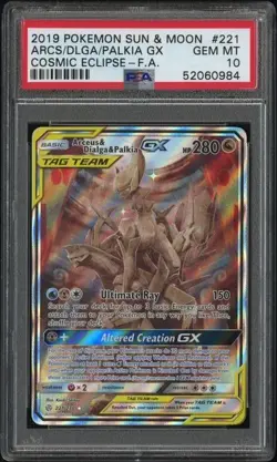 Pokemon Arceus & Dialga & Palkia GX #221 PSA 10 Full Art Cosmic Eclipse - Image 1
