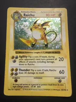1999 Pokemon RAICHU Base Set SHADOWLESS Edition HOLO Rare Card 14/102 WotC mp-hp - Image 1
