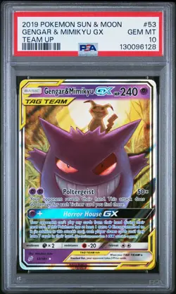 2019 POKEMON SUN & MOON TEAM UP #53 GENGAR & MIMIKYU GX PSA 10 - Image 1