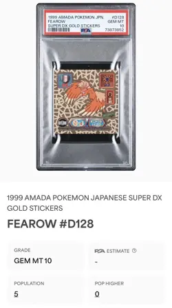 1999 AMADA POKEMON JPN FEAROW D128 SUPER DX GOLD STICKER *POP 5* PSA 10 💎 - Image 3