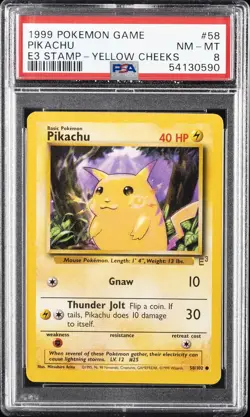 1999 POKEMON GAME E3 STAMP-YELLOW CHEEKS #58 PIKACHU PSA 8 - Image 1
