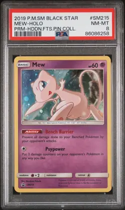 2019 Pokemon Sun & Moon Black Star Promo SM215 Mew-Holo Hidden Fates Pin PSA 8 - Image 1