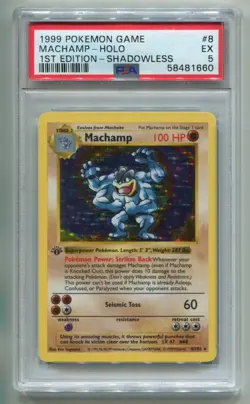 1999 WOTC POKEMON BASE SET 1ST EDITION SHADOWLESS MACHAMP 8/102 HOLO RARE PSA 5 - Image 1