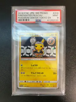 PSA 9 FIREFIGHTER PIKACHU POKEMON CENTER TOKYO DX #209 Japanese Card 209/SM-P - Image 1