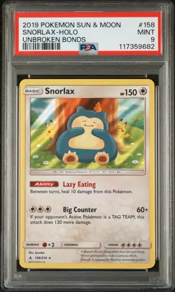 Pokemon Snorlax Card Unbroken Bonds 158/214 PSA 9 Mint - Image 1